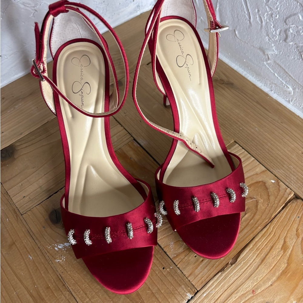 Jessica Simpson Red Satin Rhinestone-Embellished Ankle-Strap Stiletto 7.5 - Picture 7 of 10